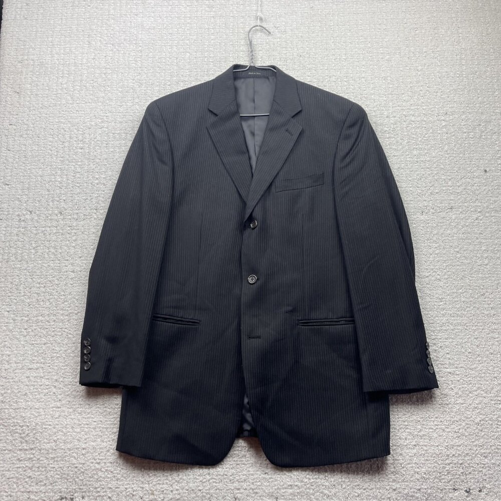 Chaps Mens Wool Black Blazer Sport Coat Size 38R White Chalk Stripes Preppy